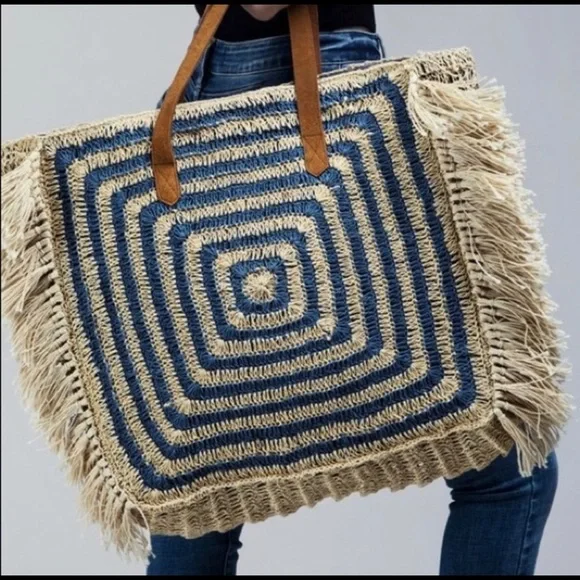 LAST 2–Oversized Square Jute Tote-DENIM - Picture 4 of 7